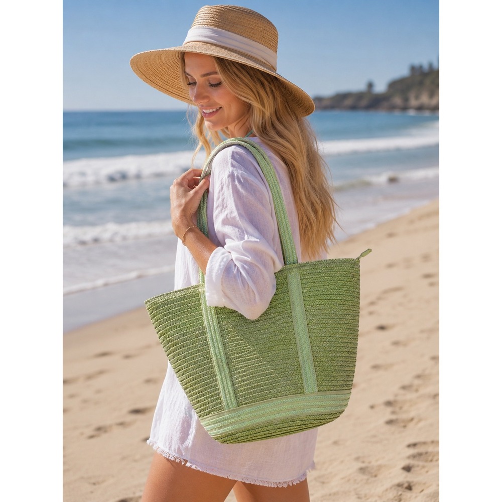 Lime‎ Green Woven Beach Tote Boho Summer Vacation Travel Zipper Shoulder Bag